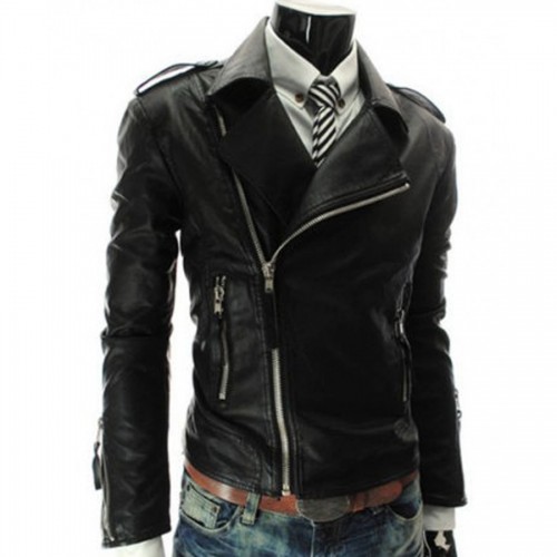 Slim Fit Mens Asymmetrical Black Leather Motorcycle Zipper Jacket